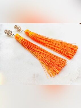 Bright Orange Silk Tassel Earrings with Rhinestone Studs